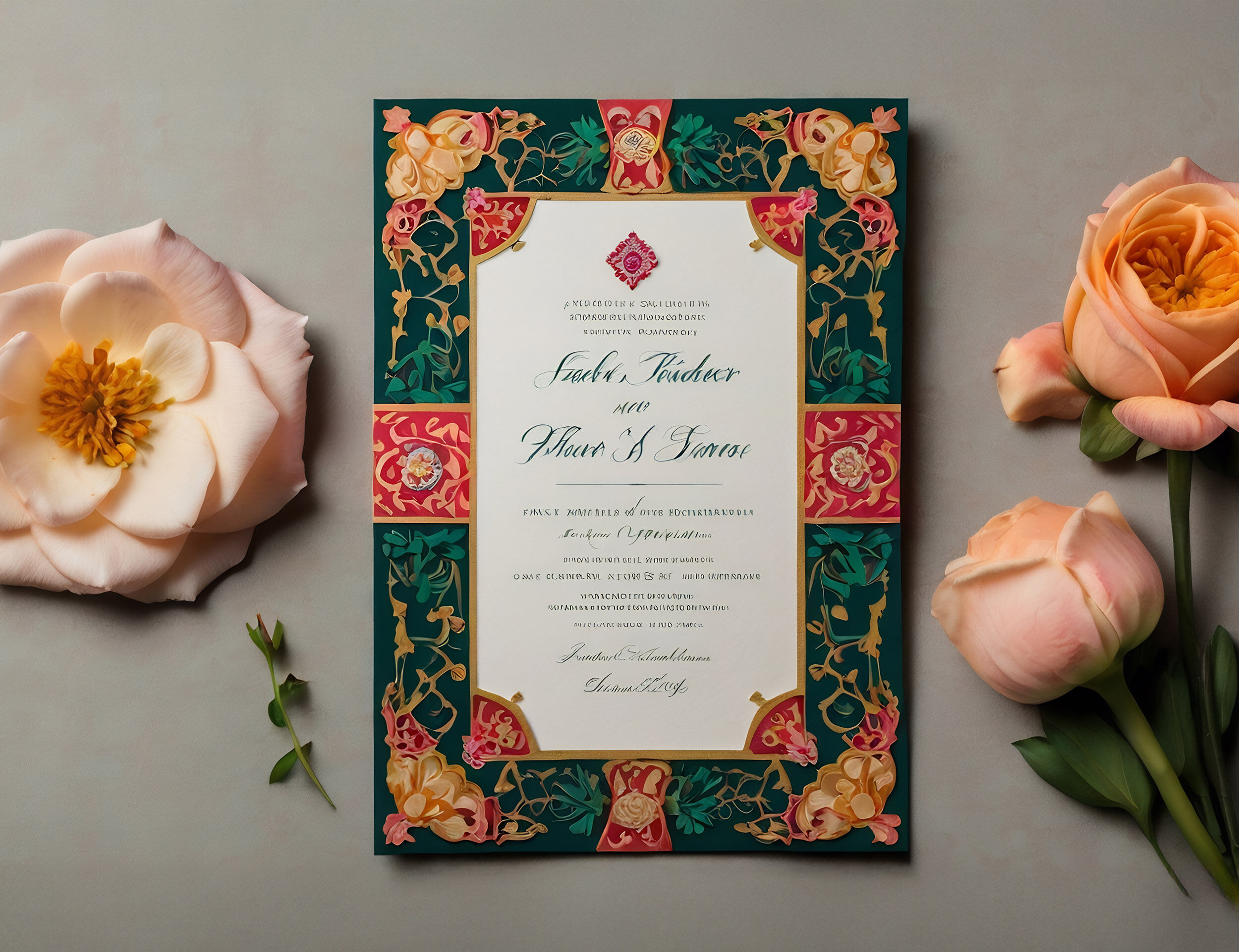 Beautifull wedding invitation card with golden and green design on it, flowers besides it